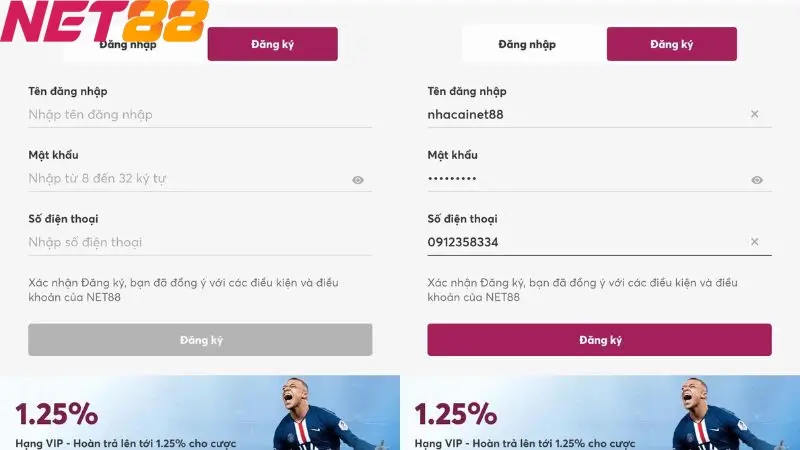 Hướng dẫn đăng ký NET88 2 Điền thông tin theo hướng dẫn đăng ký NET88