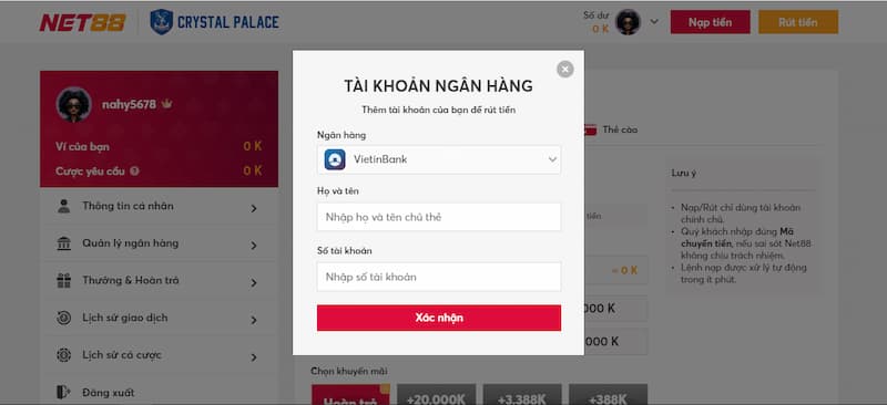 Xóc đĩa live casino NET88 Nạp tiền vào tài khoản NET88